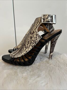 Calvin Klein Black and Snake-Print Strappy High Heel Sandals, Size 8